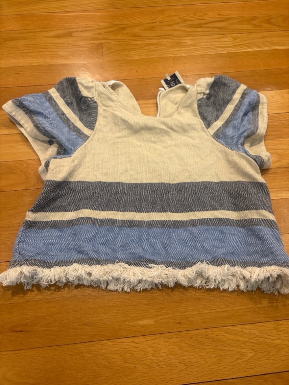 Sea Cream and Blue Striped Fringe-Hem Short Sleeve Top